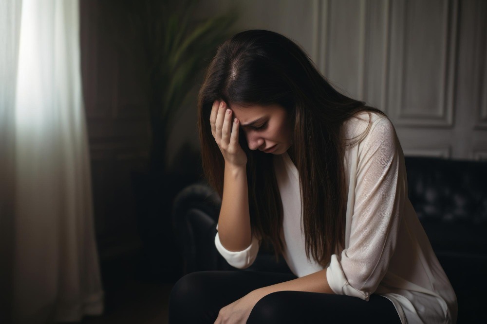 Mulher pensativa, refletindo sobre padrões emocionais